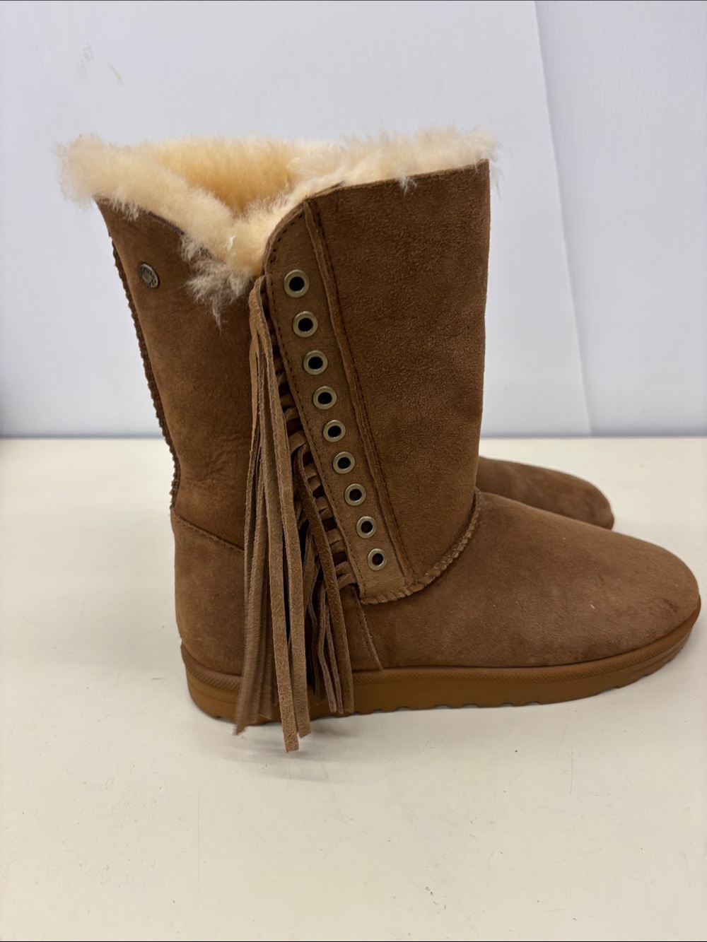 Abeo Chestnut Brown Suede Fringe Shearling Boots - Picture 3 of 8